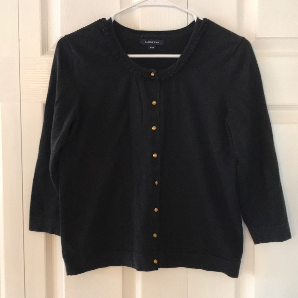 Lands End Navy Ruffle Neck Cardigan Sz Med